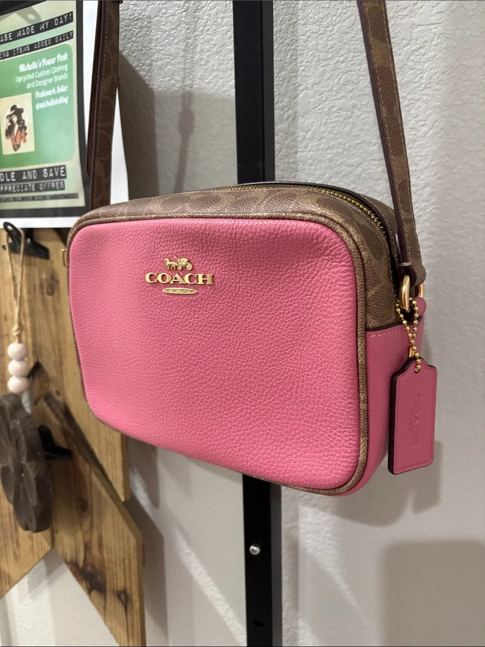 Coach Pink Pebbled Leather Crossbody Camera Bag with Gold Trim 9”wide 6”deep